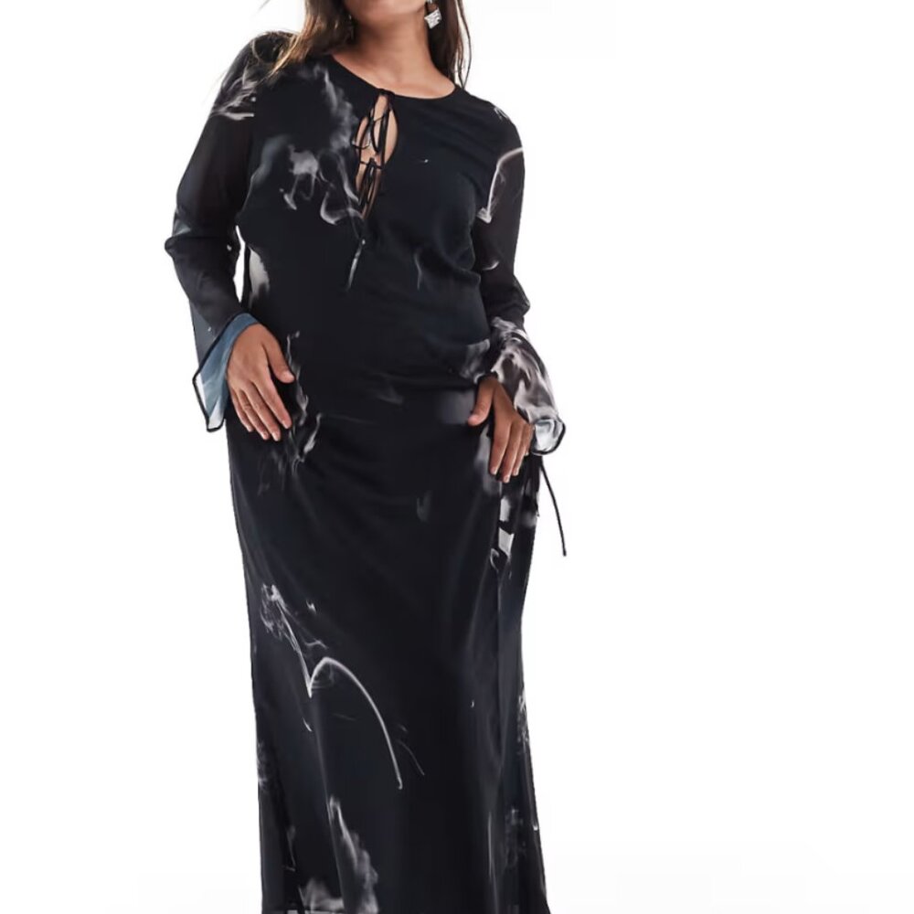 ASOS DESIGN tie up wrap maxi dress in black ink print